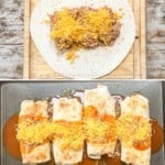 Four images showing the four steps to making chicken chimichangas.