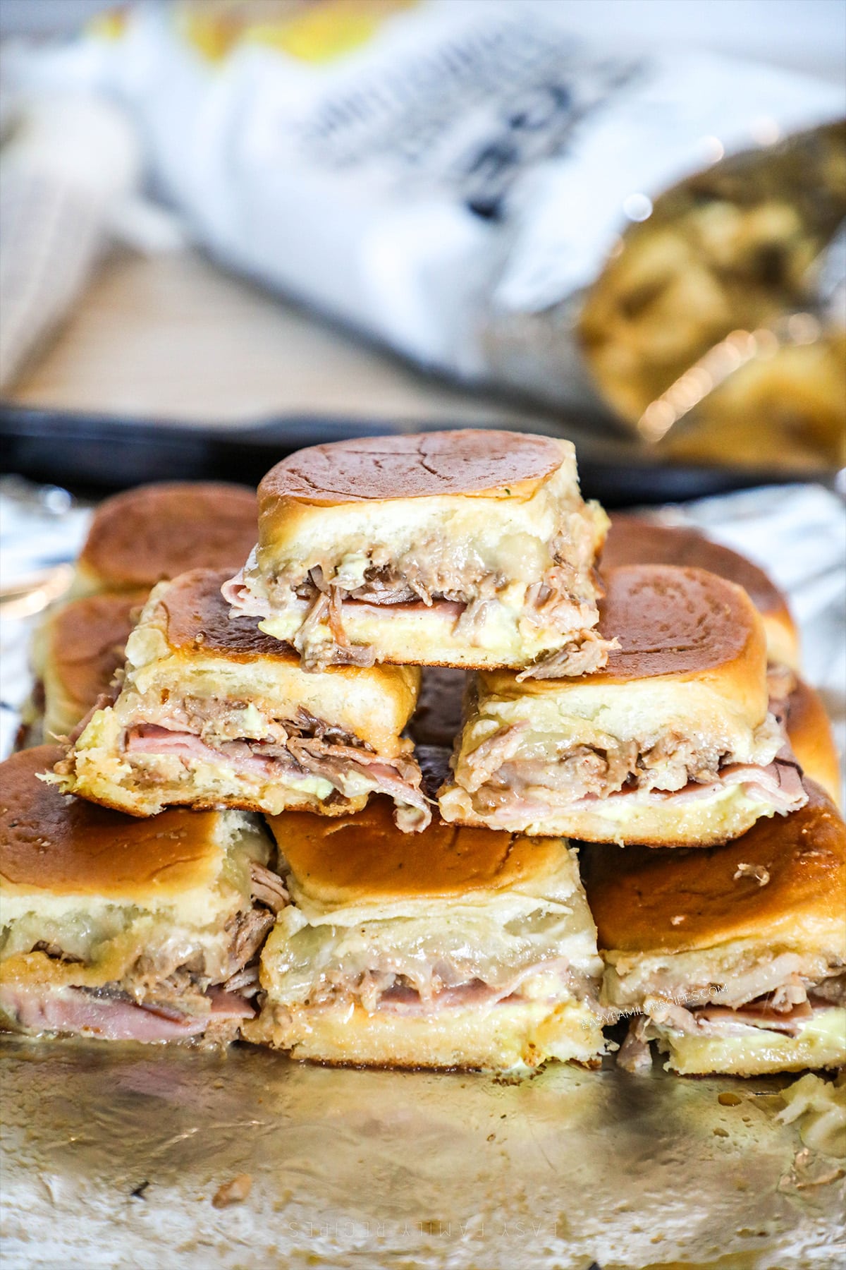 A tray of Hawaiian Roll Cuban Sliders, ready to serve. 