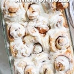 above image of a pan of cinnamon rolls.