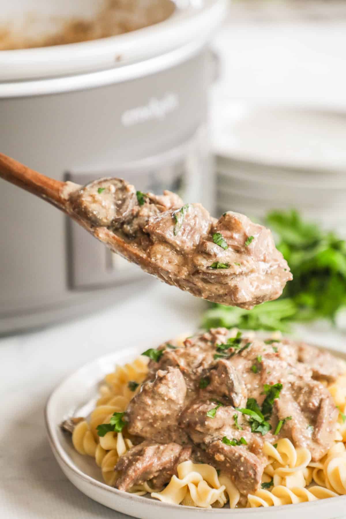 Spooning Creamy Beef Stroganoff over egg noodles