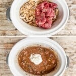 A vertical collage image showing the steps of how to make slow cooker stroganoff.