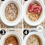 A collage image with four photos showing how to make beef stroganoff in the slow cooker. The text reads, "Crockpot Beef Stroganoff."