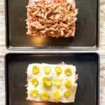 Four images in a vertical collage showing how to make Hawaiian Roll Cuban Sliders.