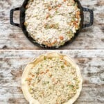 A vertical collage of four images showing how to make chicken pot pie.