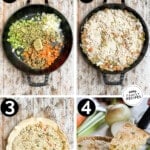 A collage of four images demonstrating how to make easy chicken pot pie. The text reads, “Easy Chicken Pot Pie.”