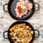 Four images showing the steps for how to make garlic butter chicken bites.