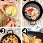 Four images in a collage showing the steps to making garlic butter chicken bites. The text reads, “Garlic Parmesan Chicken Bites.”