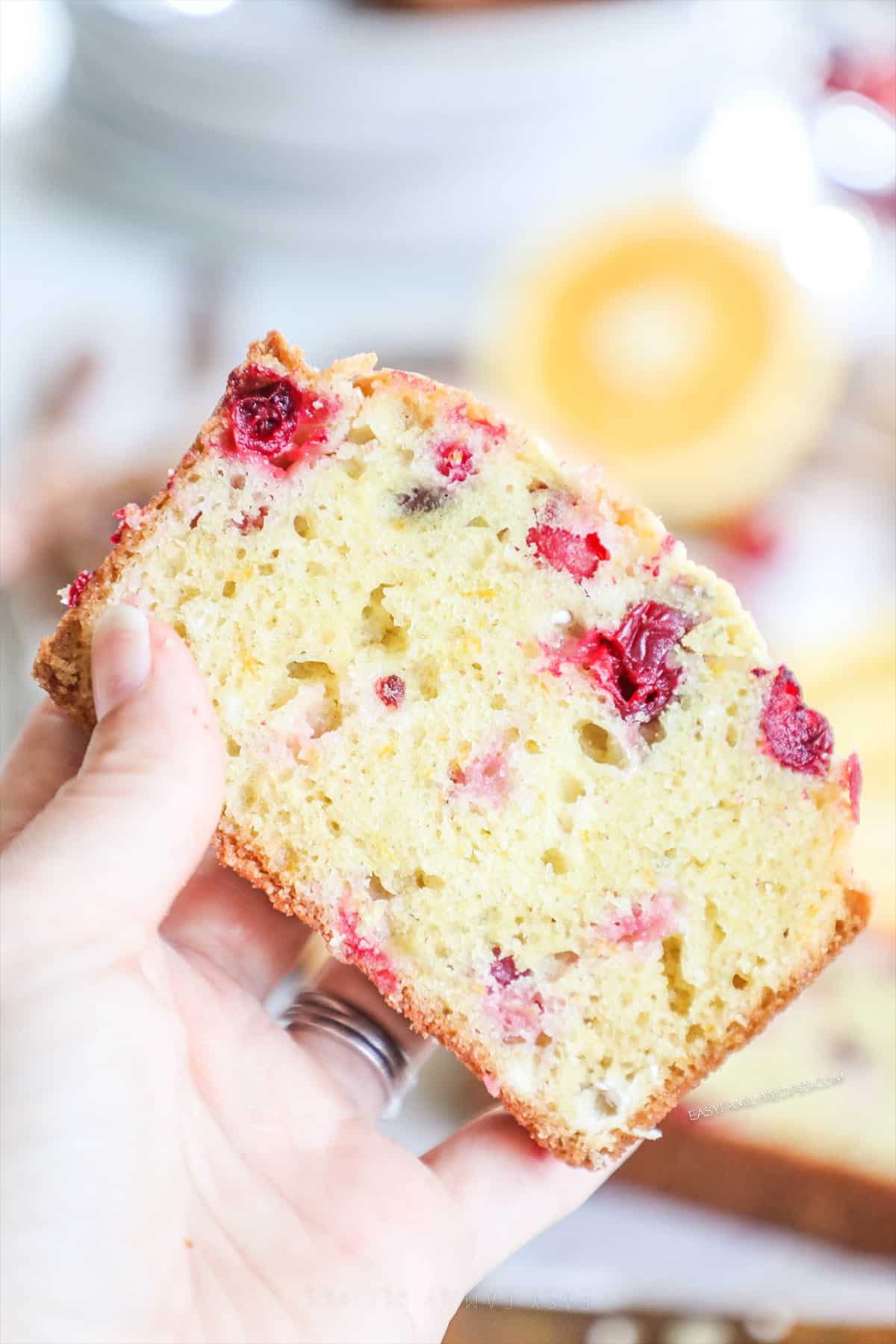 a slice of orange cranberry bread held.