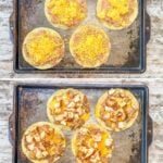 Vertical collage with four images showing how to make BBQ chicken tostadas.