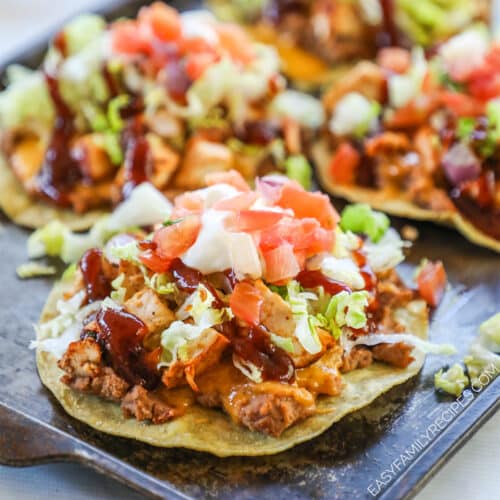 BBQ Chicken Tostadas on a sheet pan.