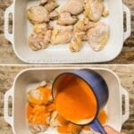 A vertical collage of four images showing how to make Baked Buffalo Chicken Thighs.