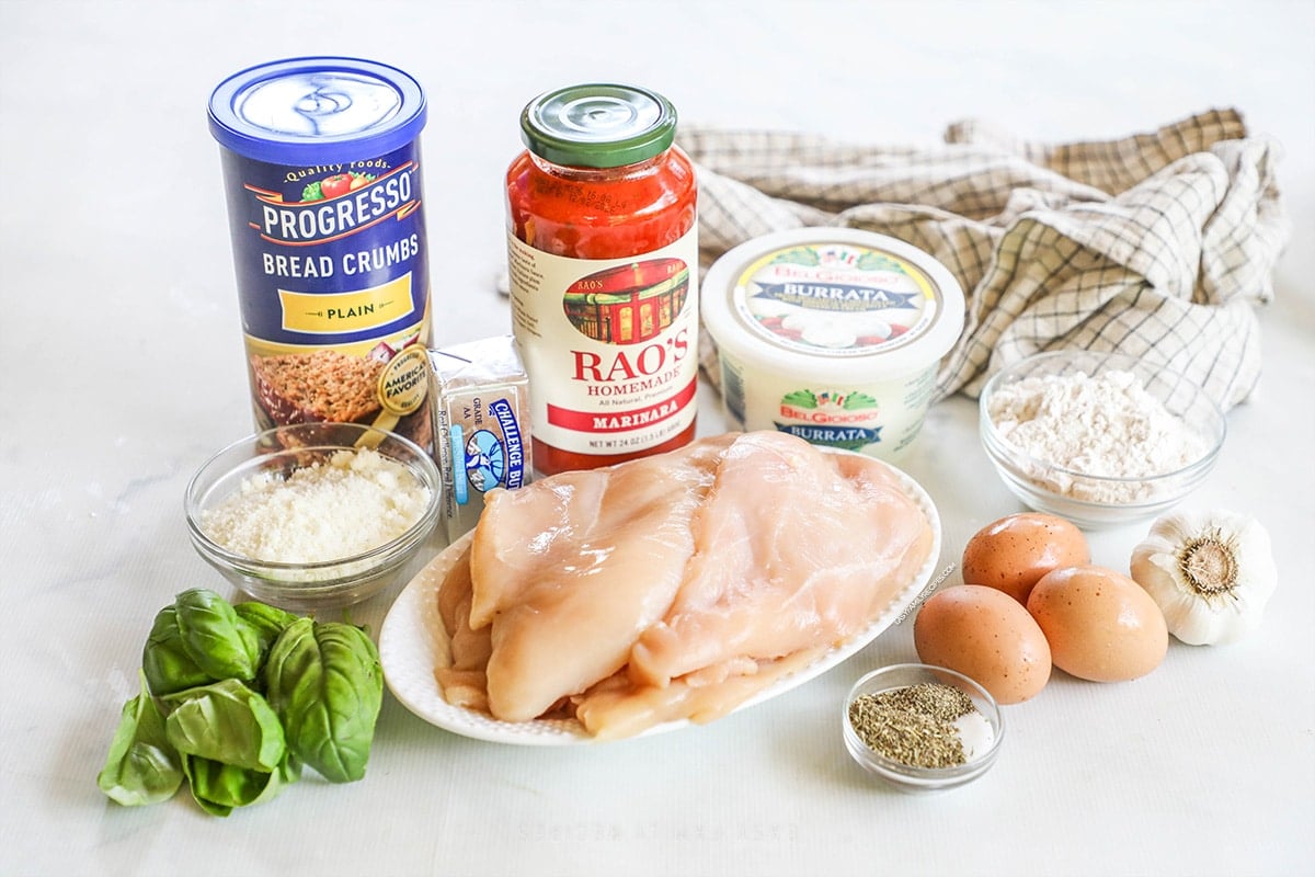 Ingredients for Burrata Chicken Parmesan.