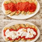 Four images in a vertical collage showing the various steps of how to plate Burrata Chicken Parmesan.