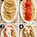 Four numbered images in a collage showing how to prepare Burrata Chicken Parmesan. The text reads, "Chicken with Burrata & Marinara."