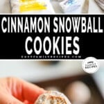 Two images in a vertical collage, the first showing the ingredients for cinnamon snowball cookies, the second showing a hand holding a cookie with a bite out of it. The text reads, “Cinnamon Snowball Cookies.”