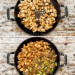 A collage of four images with a top view of Hibachi Bowls being made in a black skillet.