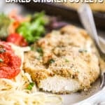 A sliced piece of baked chicken cutlet on a white plate with sides. The text reads, "Italian Style Baked Chicken Cutlets"