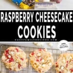 two images for cookies, one with cookie ingredients on the counter and the other with baked cookies on a cooling rack.