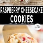 two images of raspberry cheesecake cookies, the first with a mixing bowl of ingredients and the second with a baked cookie on a spatula.