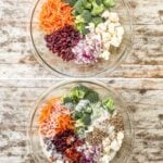 Four images in a vertical collage, the first three showing the ingredients being added to a clear glass mixing bowl for broccoli crunch salad, the fourth a white ceramic bowl full of the completed salad.