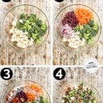 Four numbered images showing how to make broccoli crunch salad. The text reads, "Broccoli Crunch Salad."