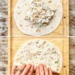 A vertical collage of four images showing how to make Chicken Bacon Ranch Pinwheels