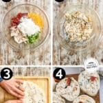 Collage image showing the steps for how to make Chicken Bacon Ranch Pinwheels. The text reads, "Chicken Bacon Ranch Pinwheels"