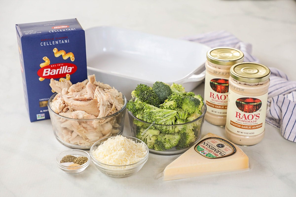 ingredients for chicken alfredo bake with broccoli.