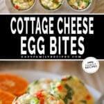 A collage of two images, the firs showing a top-down view of cottage cheese egg bites. The second shows cottage cheese egg bites on a white plate. The text reads, "Cottage Cheese Egg Bites"