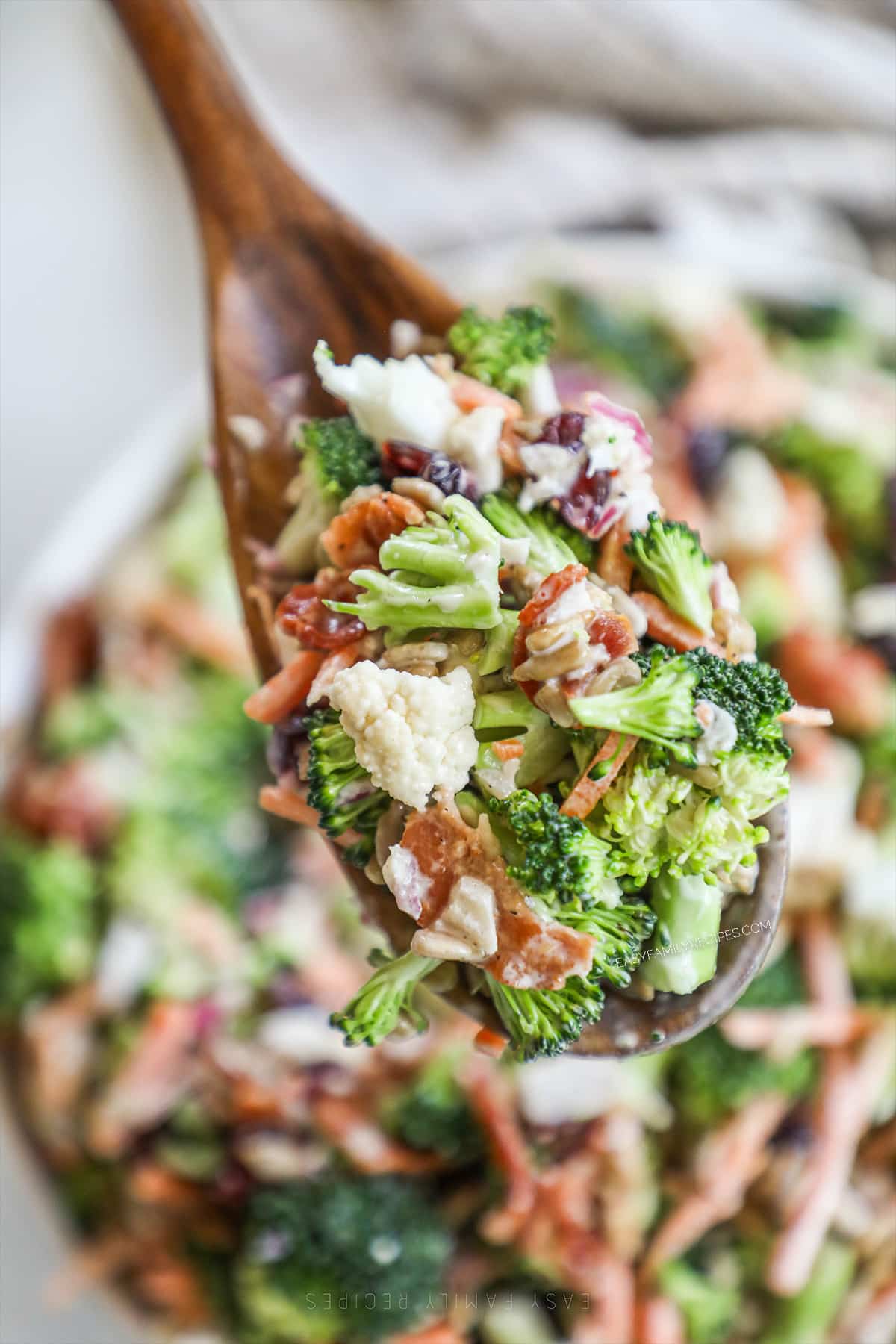 A wooden spoon full of broccoli crunch salad with the full salad in the background.