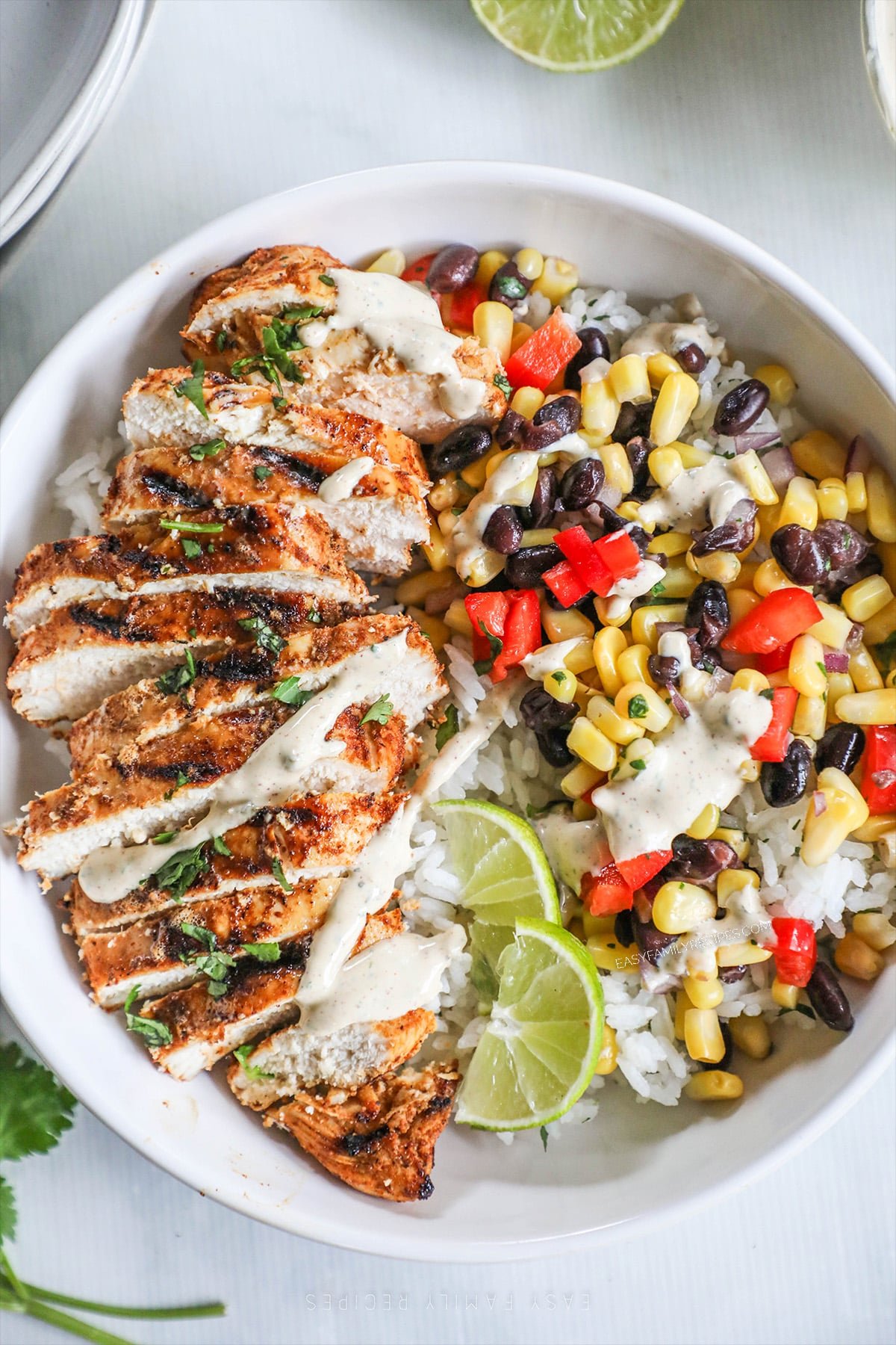 Top view of a Southwest Chicken Bowl in a white ceramic bowl. Two lime wedges garnish the top.