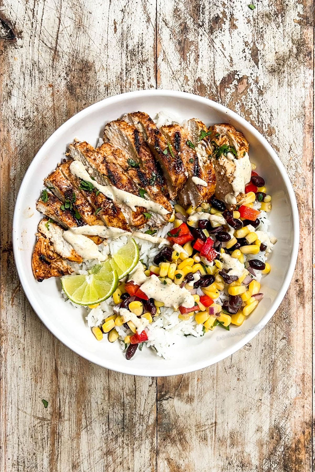 Top view of a freshly assembled Southwest Chicken Bowl.