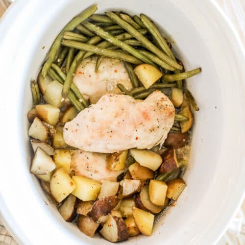 Chicken potatoes and green beans recipe made in slow cooker.