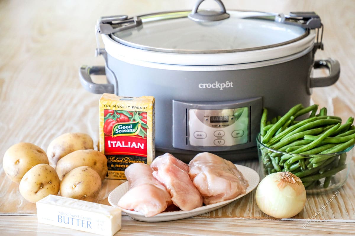 Ingredients for making slow cooker chicken and potatoes.