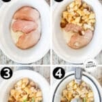 Process photos for how to make chicken and potatoes in crockpot.