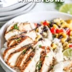 A white ceramic bowl full of Southwest Chicken Bowl ingredients. The text reads, "Southwest Chicken Bowl"