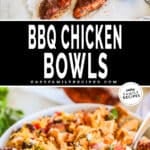 Two images, the first showing the ingredients for BBQ chicken bowls. The second shows the BBQ chicken bowl in a white bowl with a silver fork, ready to serve. The text reads, "BBQ Chicken Bowls."