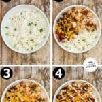 A collage image showing the four steps for how to make BBQ chicken bowls. The text reads, "BBQ Chicken Bowls."