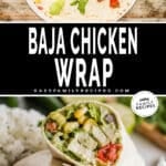 two images of chicken wraps, one with a wrap being assembled and the other with a finished wrap on a plate.