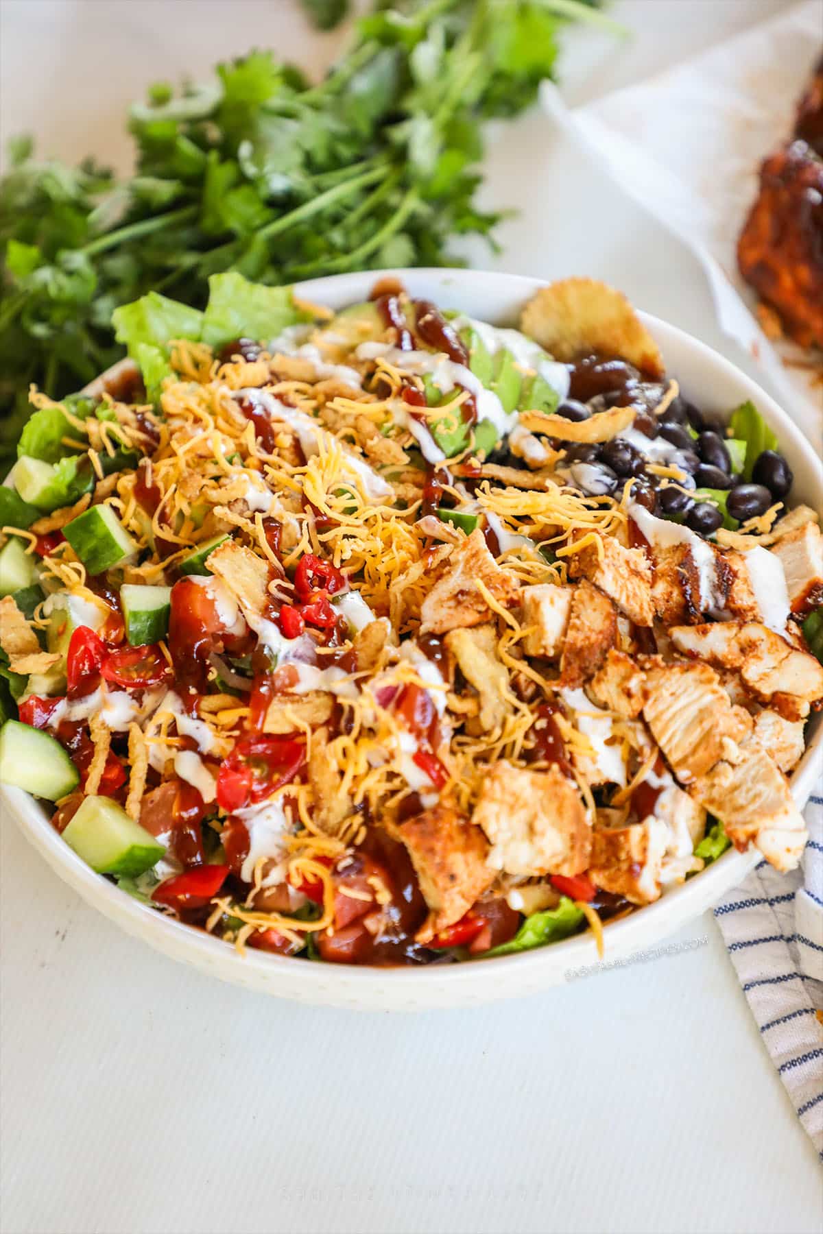 BBQ Chicken Bowl in a white bowl on a white background. 