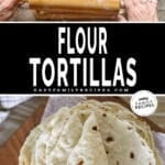 two images, one with tortilla dough being rolled out and the other with finished tortillas.