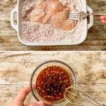 A vertical collage image with four photos showing the steps for making Hot Honey Chicken Tenders.