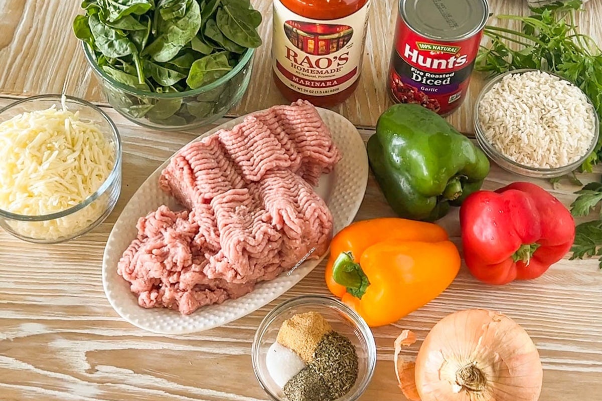 Ingredients for Ground Turkey Stuffed Pepper Casserole