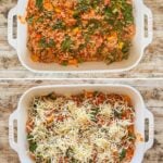 A vertical collage of four images showing the steps to making Ground Turkey Stuffed Pepper Casserole.