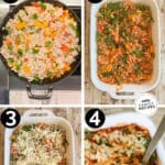 A collage of four numbered images showing the steps to making Ground Turkey Stuffed Pepper Casserole. The text reads, "Turkey Stuffed Pepper Casserole."