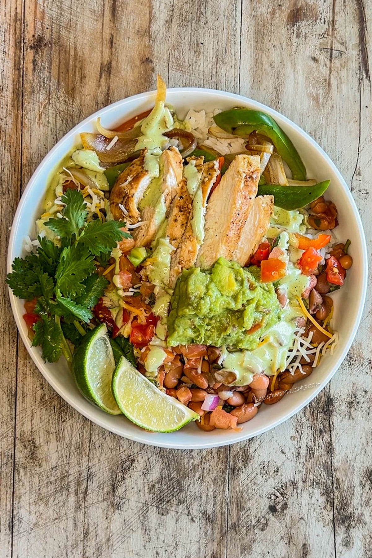 Top view of Chicken Fajita Bowl in a white bowl