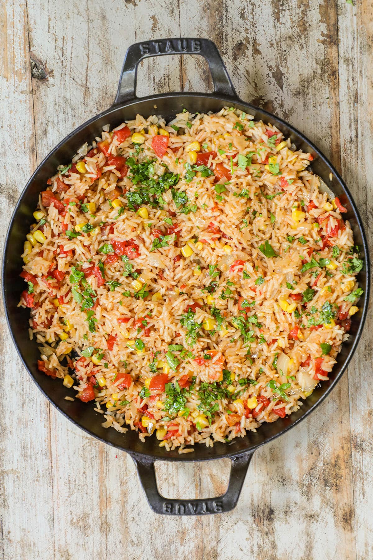 finished Southwest rice recipe in a skillet.