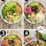 how to make la scala bean salad, 1)add lettuce, artichoke, and chickpeas to a bowl, 2) add salami, tomato, and cheese, 3) make the dressing and add, 4)mix together and serve!