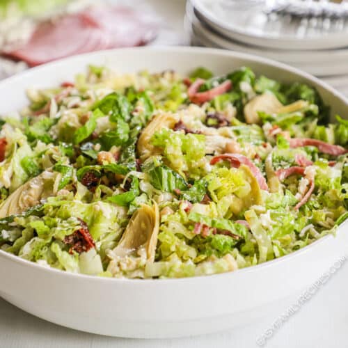 a large salad bowl filled with la scala salad.