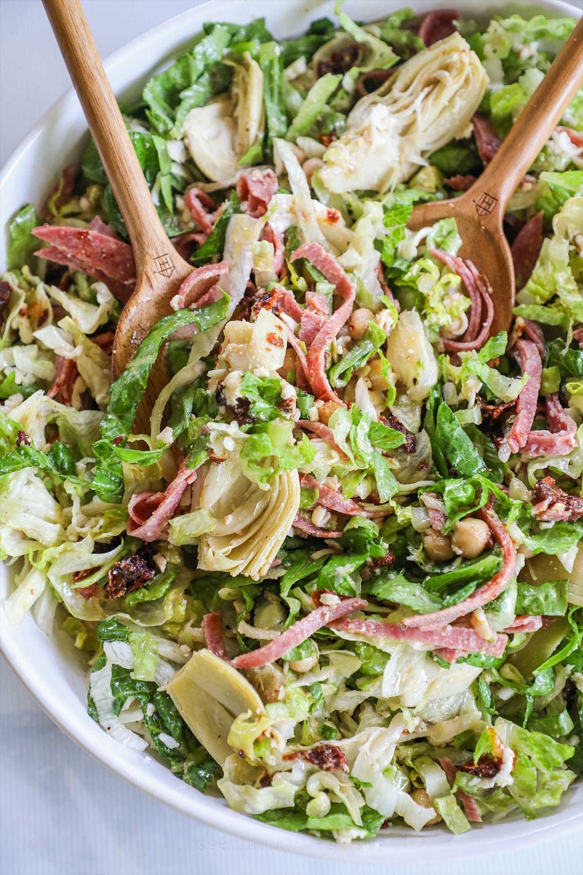 above image of chopped la scala salad in a salad bowl.